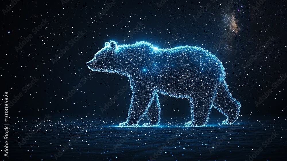 A bear formed from a network of glowing digital lines, standing amidst a starry sky, symbolizing strength and technology in a night scene. A bear formed from a network of glowing digital lines, standing amidst a starry sky, symbolizing strength and technology in a night scene.