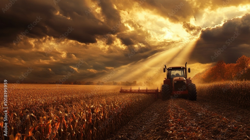 Fototapeta premium A tractor harvesting corn in a field under a cloudy sky, with golden light breaking through.