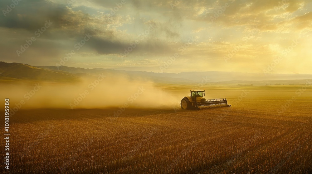 Fototapeta premium A tractor harvesting corn in a vast field, with dust rising in the golden afternoon light.