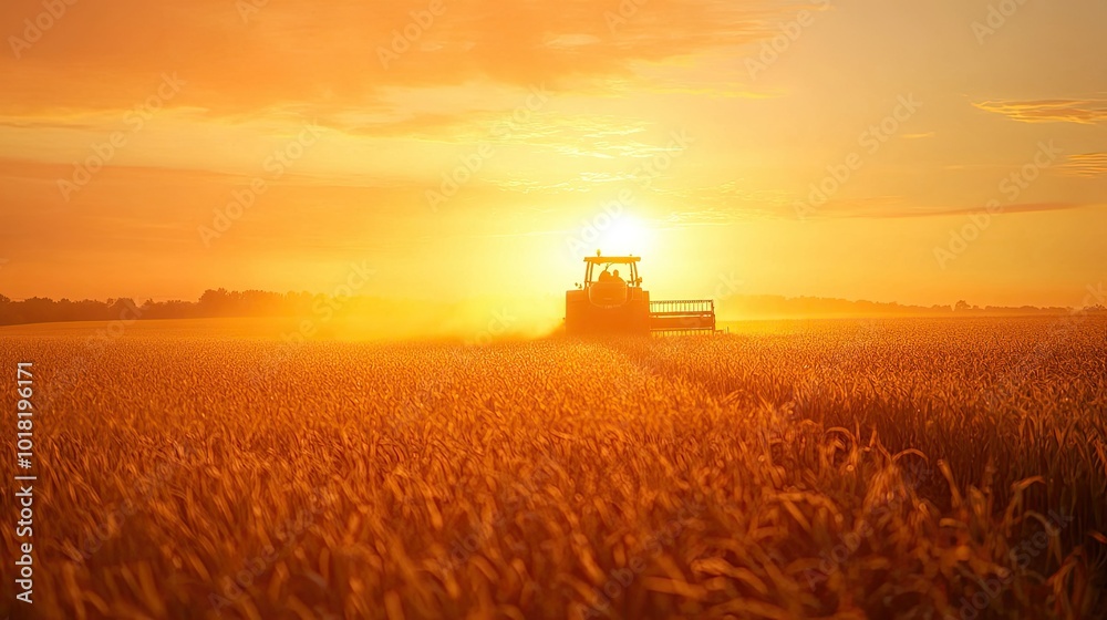 A tractor harvesting corn in the golden light of sunset, with dust rising in the warm air. A tractor harvesting corn in the golden light of sunset, with dust rising in the warm air.