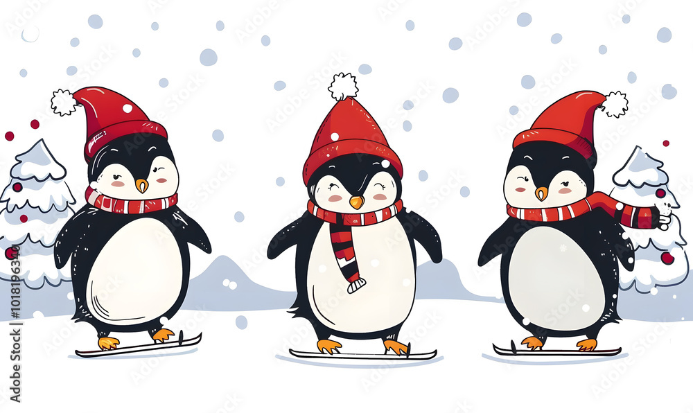 Fototapeta premium New Year and Christmas card, graphic advertising backgrounds in a doodle 2D illustrator style.
