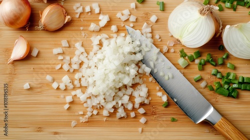 Finely diced onions on a wooden cutting board, a sharp knife midway through slicing, pieces scattering, Picture taken by Nikon Z7 35mm+ lens photo