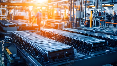 Close-up of a battery production line in a factory, showing the battery cells being assembled.