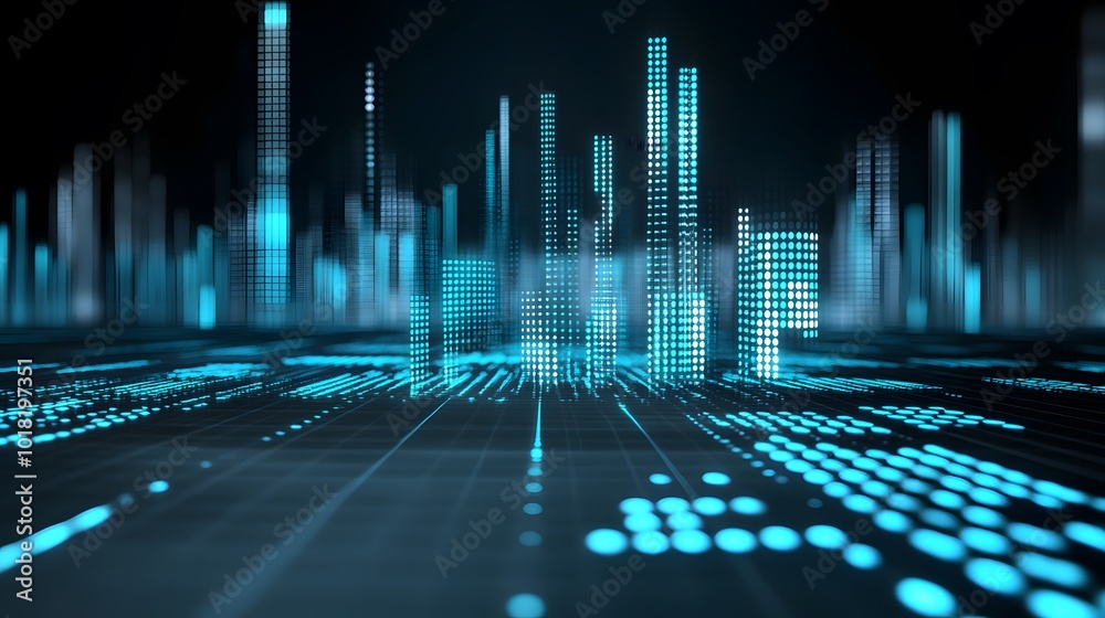 Futuristic Cityscape with Abstract Blue Lights and Digital Grid Futuristic Cityscape with Abstract Blue Lights and Digital Grid