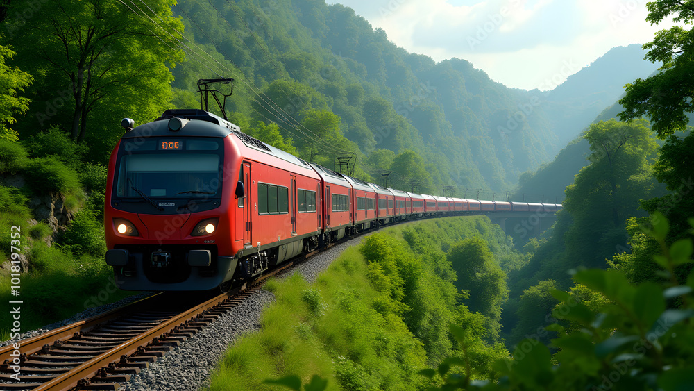 Fototapeta premium A Busy Commuter Train Traveling Through a Lush Green Hillside Landscape