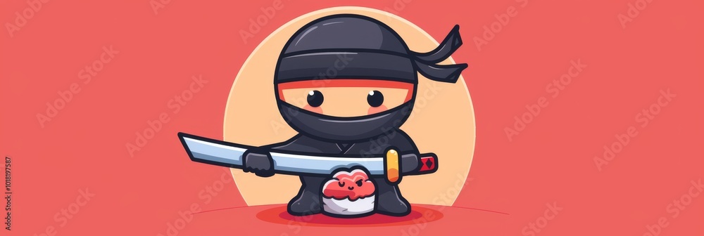 Cute Sushi Logo, Ninja Holding Sword Katana Cartoon, Japanese Food Icon, Cartoon Minimal Ninja Cute Sushi Logo, Ninja Holding Sword Katana Cartoon, Japanese Food Icon, Cartoon Minimal Ninja
