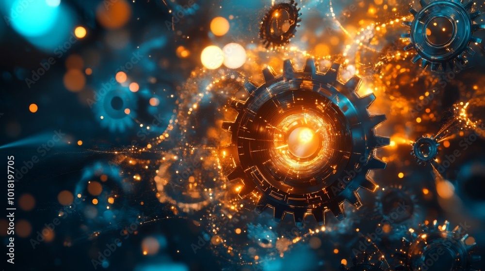 Obraz premium Glowing Cogs and Glittering Particles in a Dark Abstract Setting
