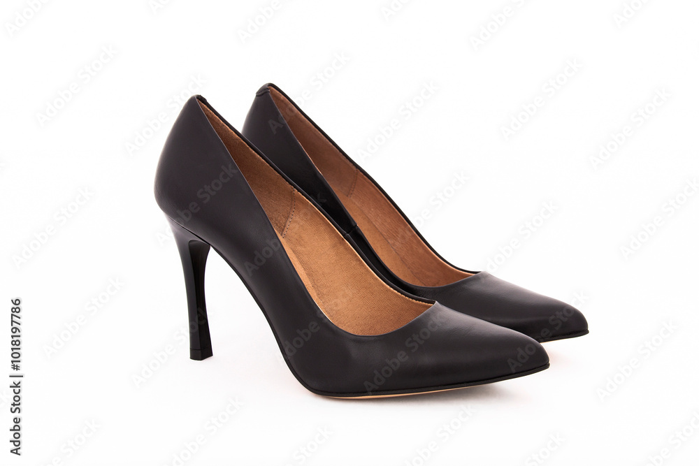 Pair of women's black leather court shoes on a white background Pair of women's black leather court shoes on a white background