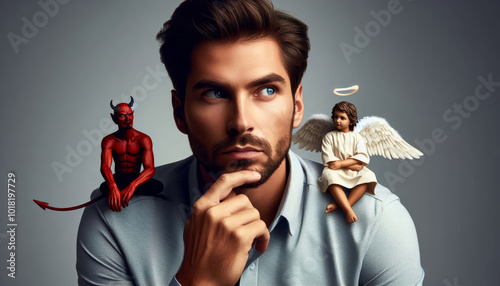 A man contemplates his choices, as a devil and an angel sit on his shoulders, symbolizing temptation and virtue, good and evil, right and wrong, the struggle of conscience, and internal conflict. photo