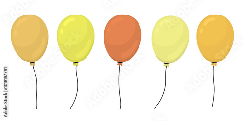 Group of balloons on strings of different colors flying upwards. Helium balloons floating in the air for birthday or party decoration. Vector illustration in flat style.