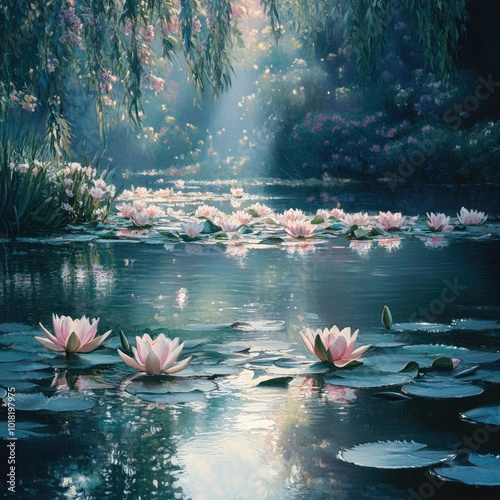 A tranquil garden pond surrounded by blooming water lilies, with soft reflections of the flowers on the still water