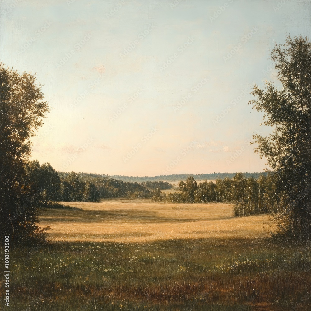 A tranquil rural landscape featuring a wide, open field bordered by dense forest under a soft, pastel-colored sky A tranquil rural landscape featuring a wide, open field bordered by dense forest under a soft, pastel-colored sky