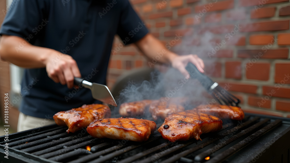 A Skillful Home Cook Grilling Meat Against a Rustic Tall Brick Wall A Skillful Home Cook Grilling Meat Against a Rustic Tall Brick Wall