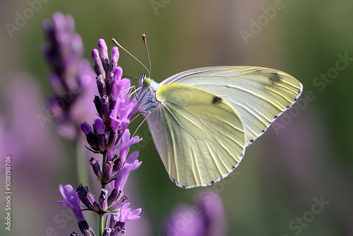 A close-up of a butterfly perched delicately on a purple wildflower wings stretched out in full detail