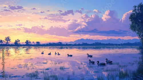 A tranquil scene of flooded rice paddies with ducks swimming through the water under a pastel-colored sky.