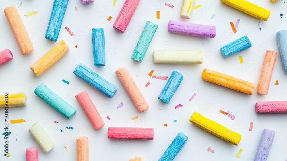 A variety of colorful chalk sticks scattered on a clean white background, creating a vibrant display of pastel hues A variety of colorful chalk sticks scattered on a clean white background, creating a vibrant display of pastel hues