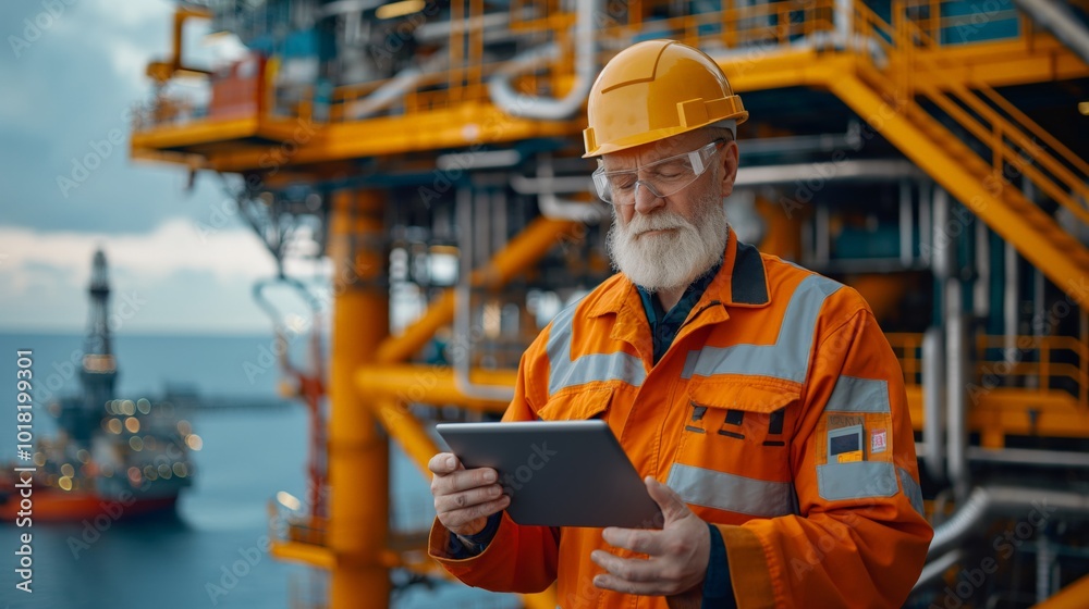 Experienced worker in orange uniform using tablet on industrial site. Experienced worker in orange uniform using tablet on industrial site.
