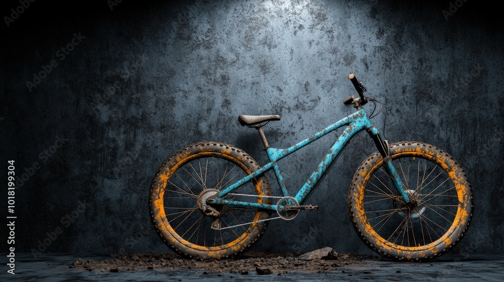 Obraz premium A blue mountain bike with orange tires, positioned against a textured wall.