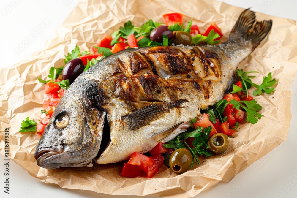Dorado Baked with Tomato Salsa, Greens and Olives, Whole Grilled Sea Bream Fish on Rustic Paper Dorado Baked with Tomato Salsa, Greens and Olives, Whole Grilled Sea Bream Fish on Rustic Paper
