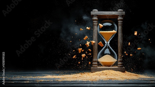 A broken hourglass with sand spilling, symbolizing the passage of time. photo