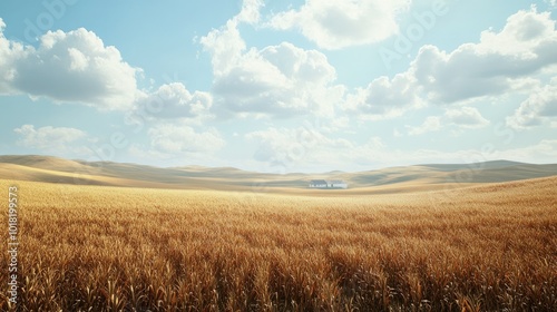 A vast cornfield under a partly cloudy sky, with rolling hills and a distant farmhouse in view.