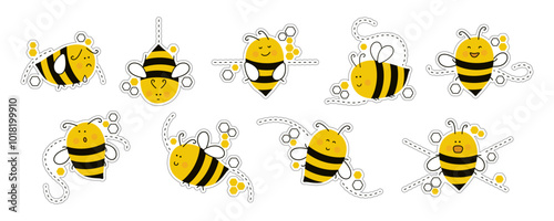 Cute bees with different expression. Bee stickers collection. Perfect for cards, packaging, pins, textile