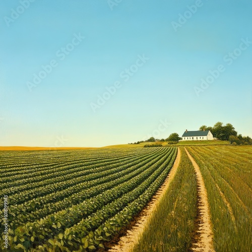 A vast expanse of farmland with neat rows of green crops, leading toward a distant farmhouse under a clear blue sky