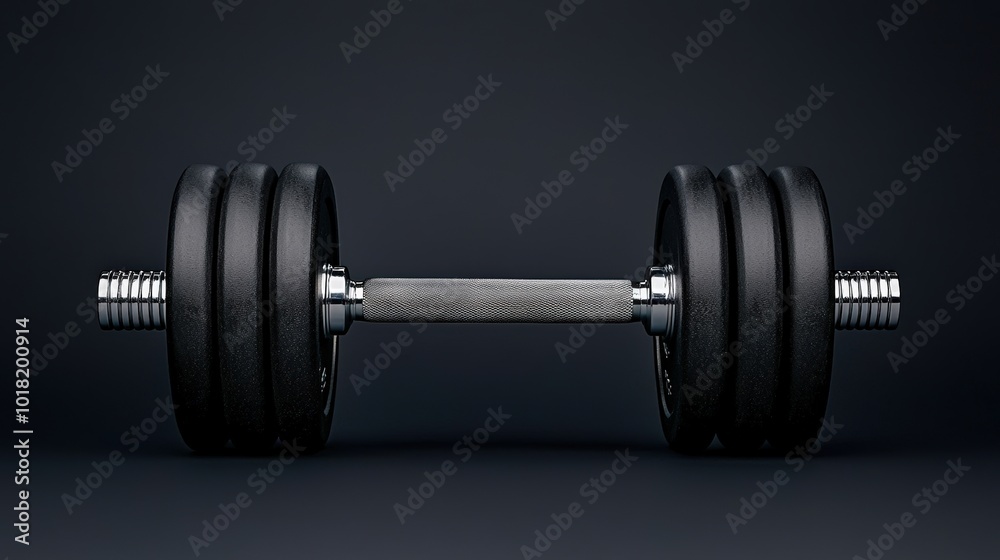 Fototapeta premium Black dumbbell with adjustable weights, isolated on a dark background.