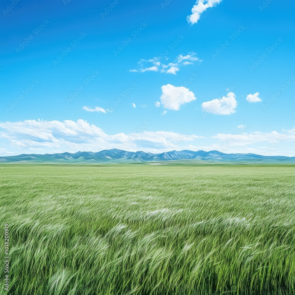 Obraz premium A vast, flat field of tall green grass swaying in the wind, with a distant mountain range visible under a bright blue sky