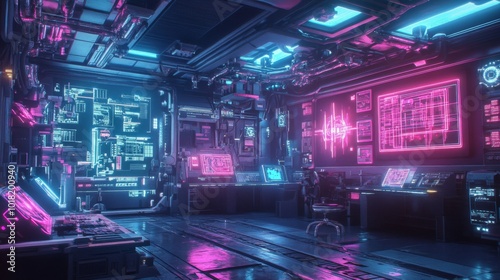 Futuristic Cyberpunk Control Room with Neon Lights and Digital Interfaces