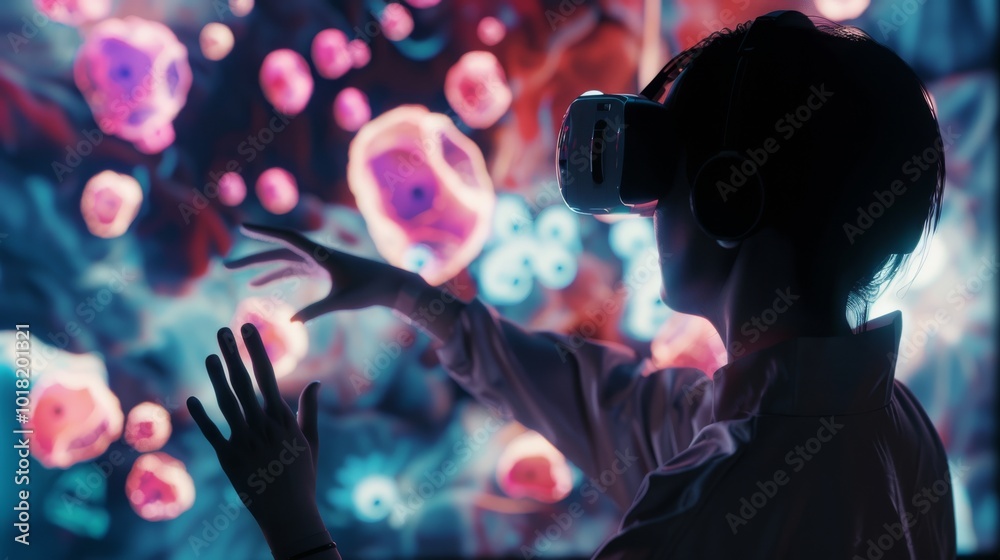 A person with a VR headset reaches out to vibrant virtual elements, creating a dynamic scene of immersive technology and colorful exploration. A person with a VR headset reaches out to vibrant virtual elements, creating a dynamic scene of immersive technology and colorful exploration.