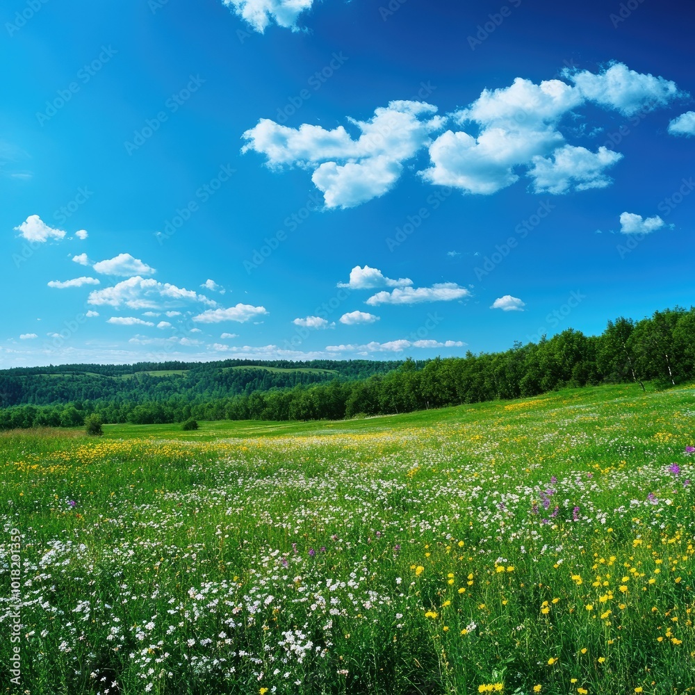A vast green meadow filled with wildflowers, stretching toward a distant forest with a bright blue sky overhead A vast green meadow filled with wildflowers, stretching toward a distant forest with a bright blue sky overhead