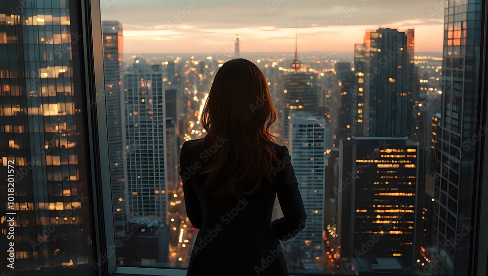 Woman standing in front of a window overlooking a city at dusk. Woman standing in front of a window overlooking a city at dusk.