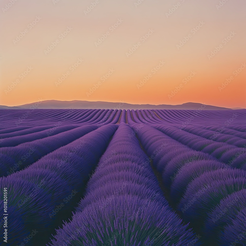 A vast lavender field at dusk, with purple rows extending far into the distance, framed by a glowing orange sky A vast lavender field at dusk, with purple rows extending far into the distance, framed by a glowing orange sky