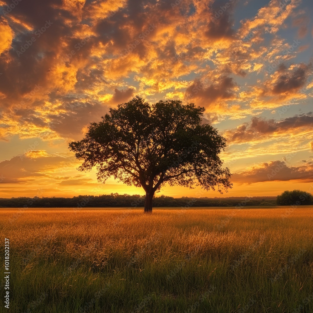 Fototapeta premium A vast open landscape with tall grasses and a single oak tree standing alone under a vibrant orange sunset
