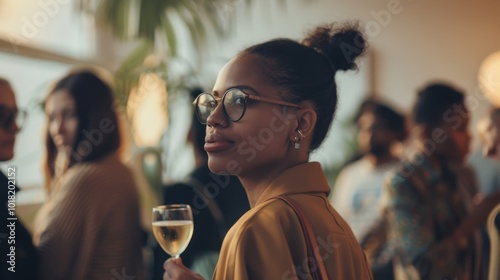 A woman with glasses holds a wine glass, looking poised at a chic gathering, with a blurred background of social interactions and greenery.