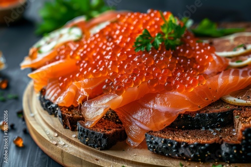 Fish Platter with Light-Salted Salmon, Smoked Salmon, Red Caviar and Black Bread Toast photo