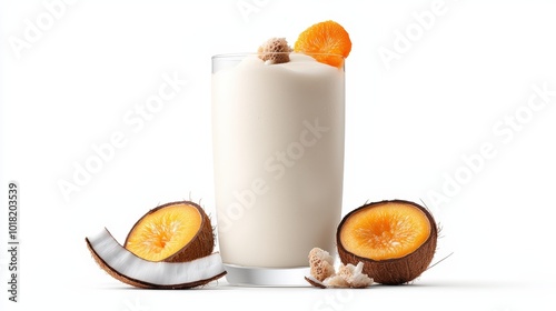 Delicious tropical smoothie with coconut and orange on white isolated background. photo