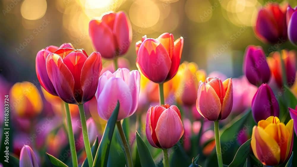 A field of colorful tulips blooms under a bright, sunny sky A field of colorful tulips blooms under a bright, sunny sky