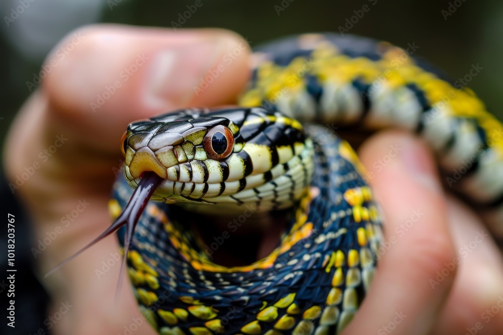 Obraz premium Garter snake macro, snake head closeup, a dangerous reptile in hands, wild nature photo