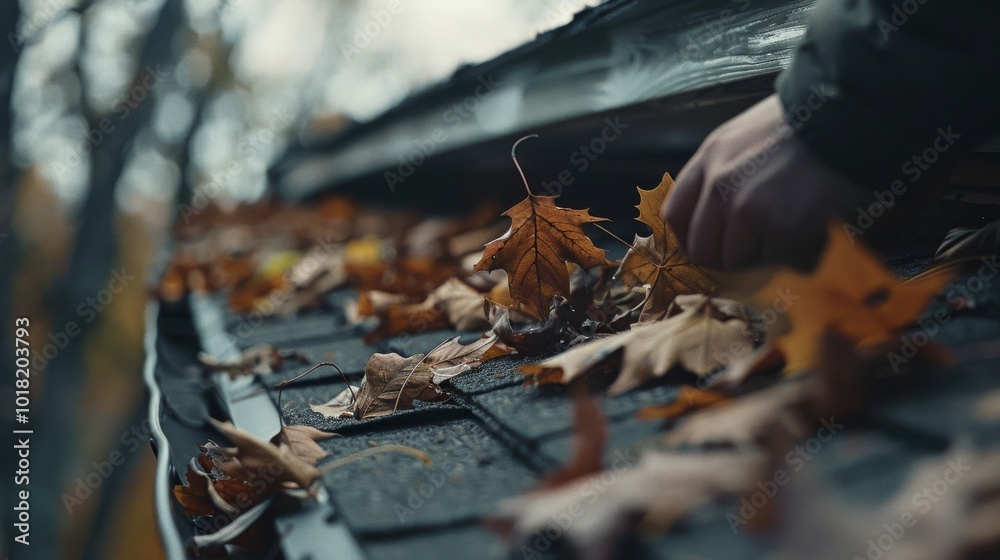 Obraz premium A hand brushes fallen autumn leaves from a gutter, evoking a feeling of seasonal change, maintenance, and the simple beauty of fall.