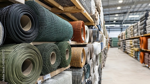 Rolls of Green, Orange, and Black Wire Mesh Fencing in a Warehouse photo