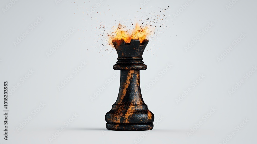 Fototapeta premium Exploding chess rook with fiery particles, isolated on white background.