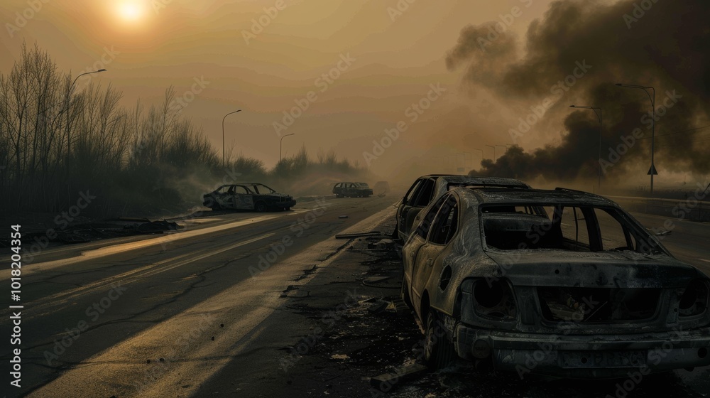 Desolate highway under a hazy sun with abandoned cars and smoke, echoing an apocalyptic atmosphere of isolation and desolation. Desolate highway under a hazy sun with abandoned cars and smoke, echoing an apocalyptic atmosphere of isolation and desolation.