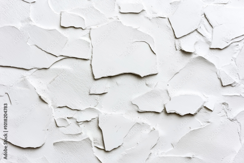Close-up of a rough textured white plaster wall with chipped and peeling sections, exposing various shapes and layers. Close-up of a rough textured white plaster wall with chipped and peeling sections, exposing various shapes and layers.