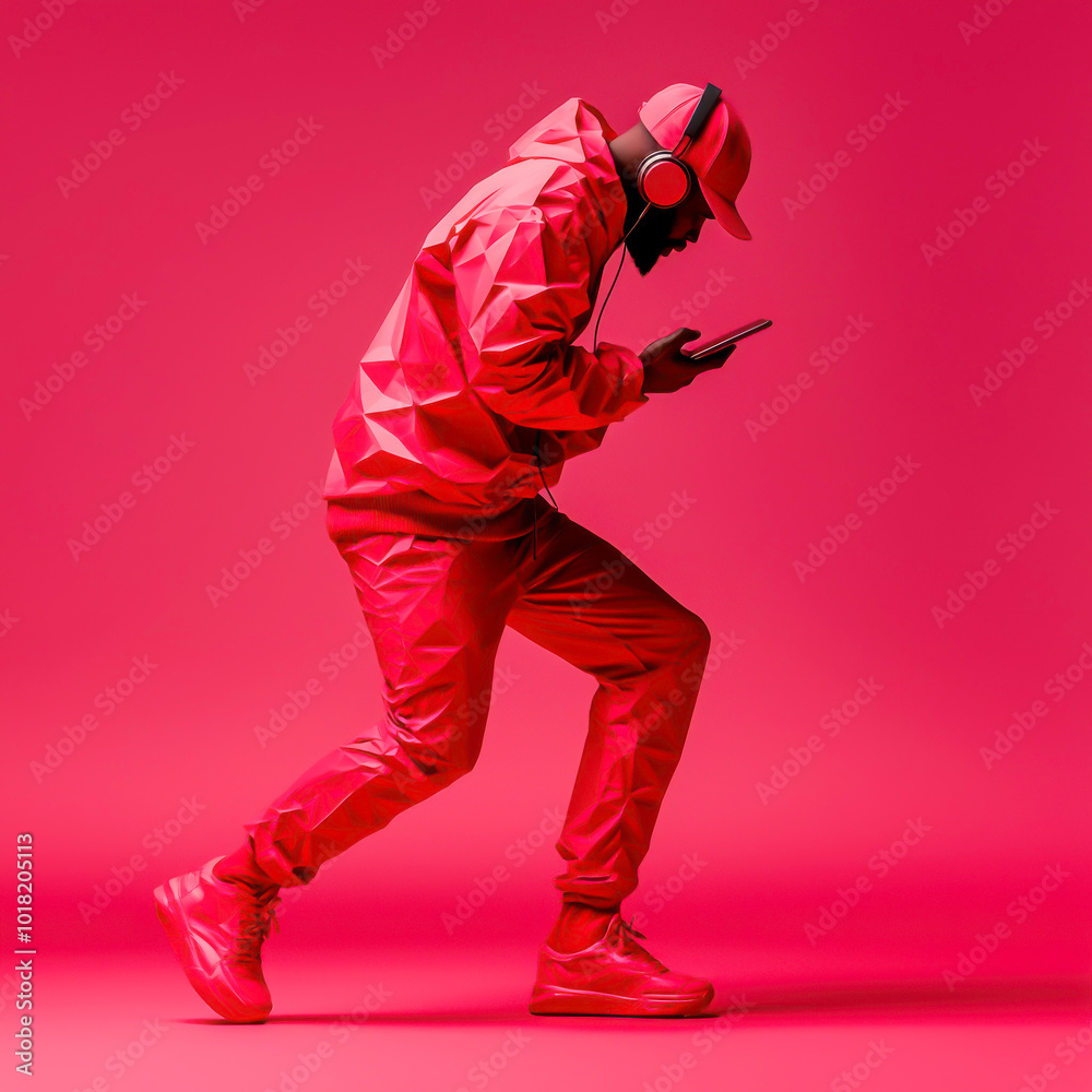 Person in vibrant red attire, enjoying music with headphones in a striking pose. Person in vibrant red attire, enjoying music with headphones in a striking pose.