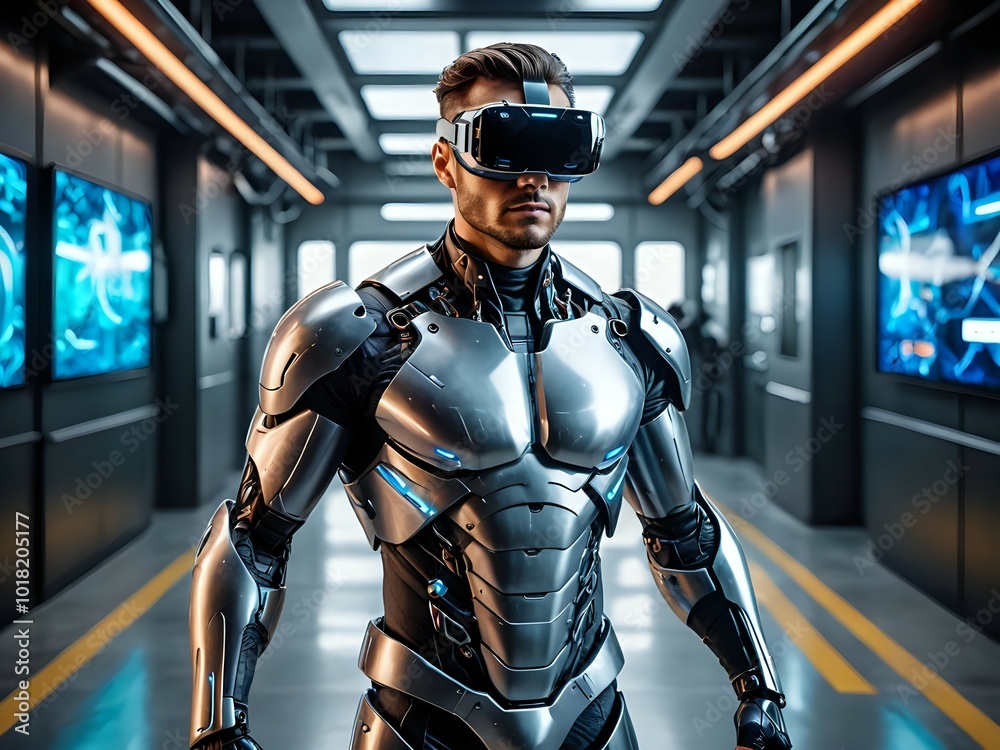 Futuristic cyber warrior in robotic armor with VR goggles standing in advanced technology facility Futuristic cyber warrior in robotic armor with VR goggles standing in advanced technology facility