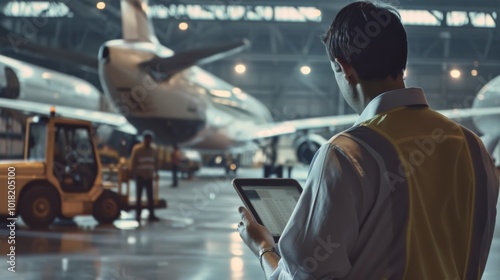 Inside a dimly lit aircraft hangar, a worker reviews a checklist on a tablet, surrounded by towering planes and machinery in an industrial setting.