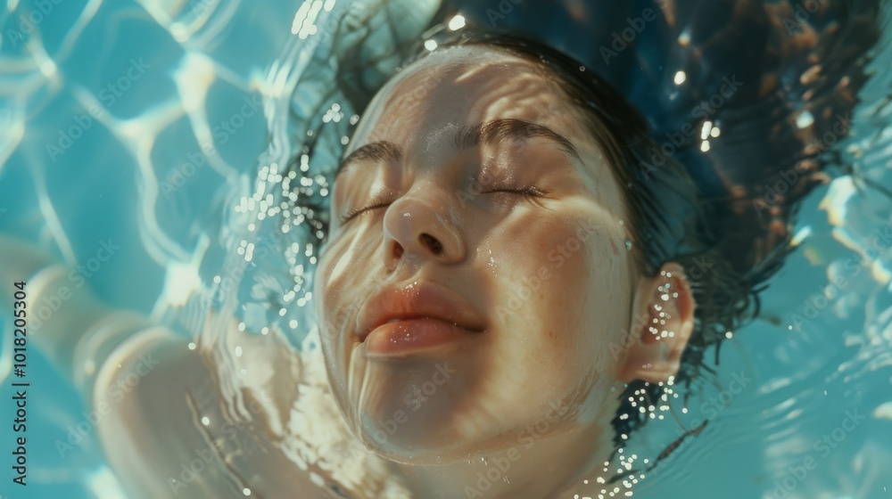 A face immersed in clear water radiates tranquility and bliss, as sunlight creates delicate patterns across serene, expressive features. A face immersed in clear water radiates tranquility and bliss, as sunlight creates delicate patterns across serene, expressive features.