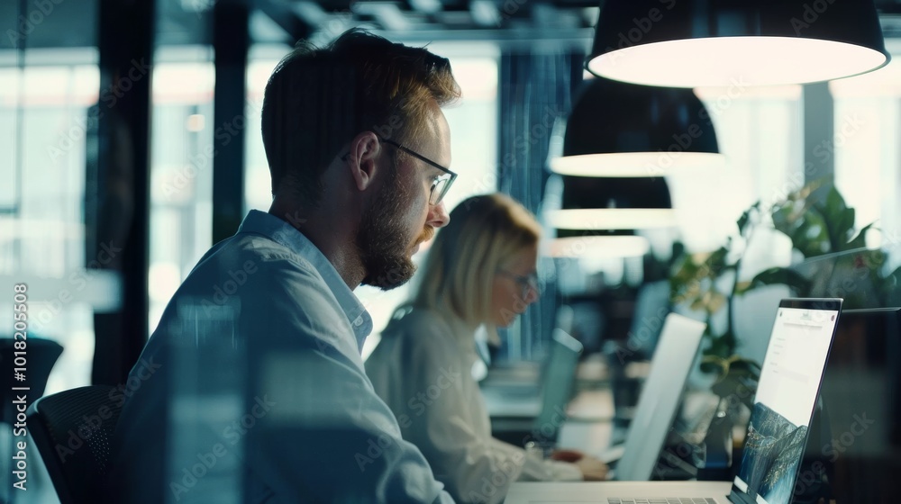 Fototapeta premium A professional deeply engaged at their workstation, illuminated by soft lighting, embodying focus and productivity in a sophisticated office environment.